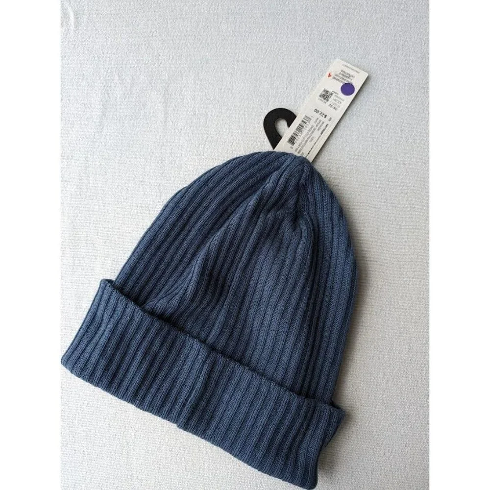 adidas Beanie Hat One Size 4 Inch Cuff Fold Knit Ribbed Blue Winter Toboggan NEW